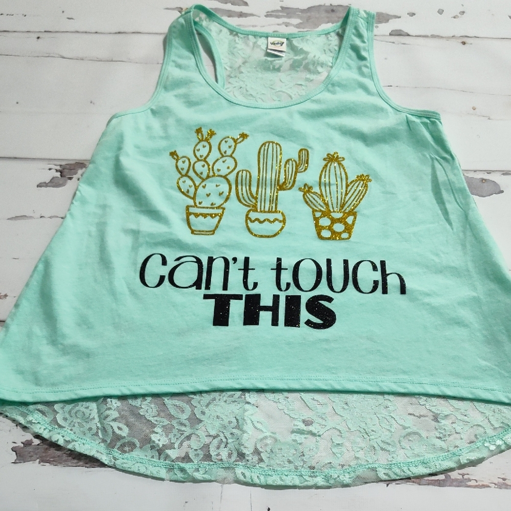 Mint Green Lace Back Tank Top with Cactus Print - Picture 1 of 2